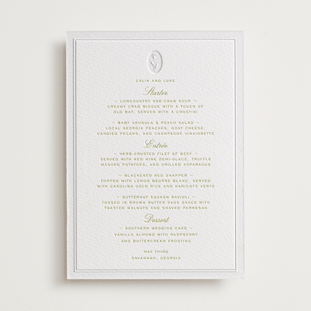 "Calia " - Letterpress Menus in Avocado by Ani Somi - Front