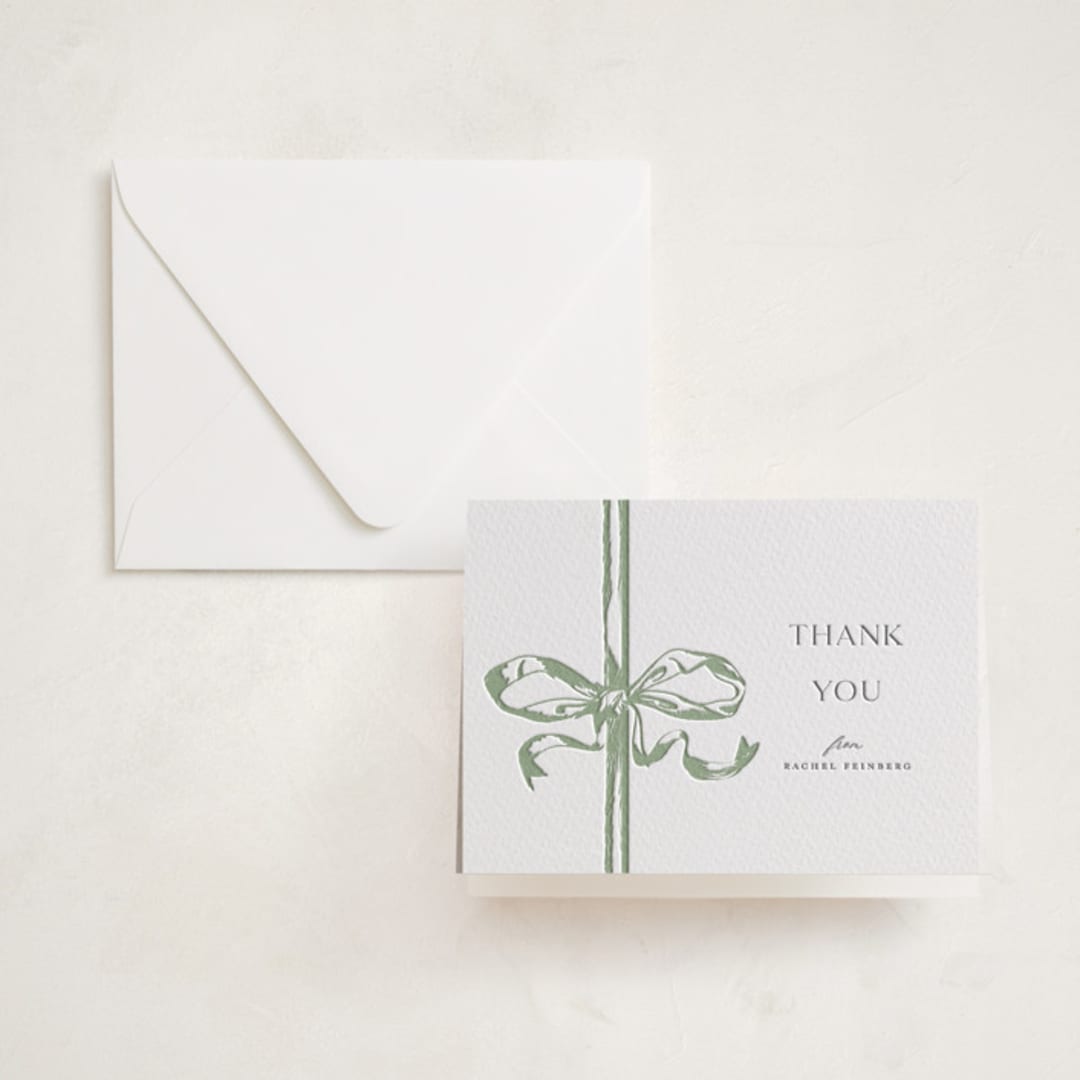 "Big Bow" - Letterpress Mitzvah Thank You Cards in Mint by Teju Reval - Front