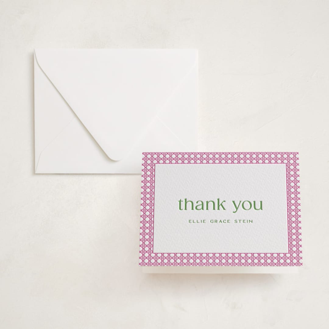 "delicate rattan" - Letterpress Mitzvah Thank You Cards in Neon Pink by Ellen Schlegelmilch - Front