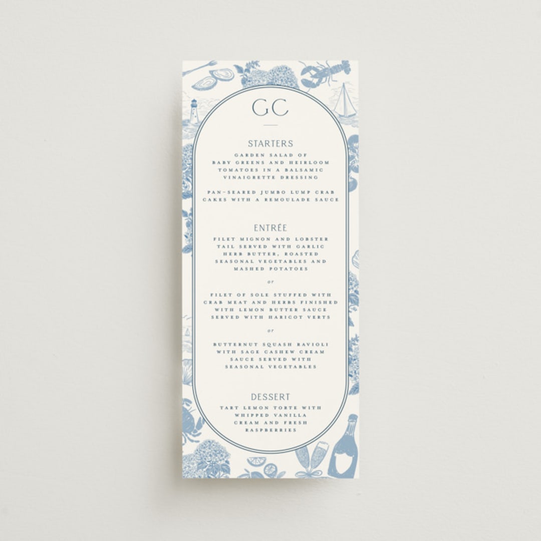 "Coastal Toile" - Menus in Sea by Jenna Holcomb - Front
