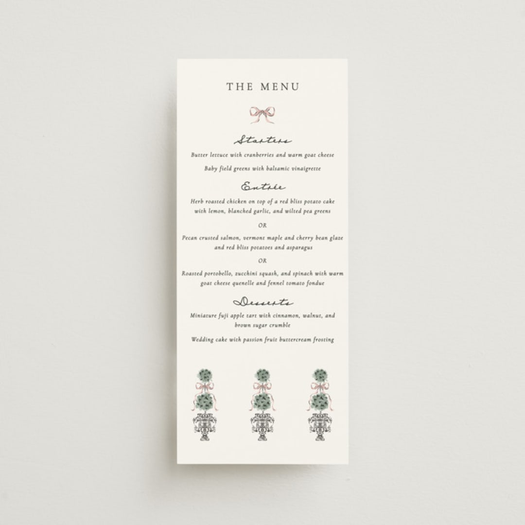 "Hand illustrated Garden Gate" - Menus in Forest by Jackie Crawford - Front