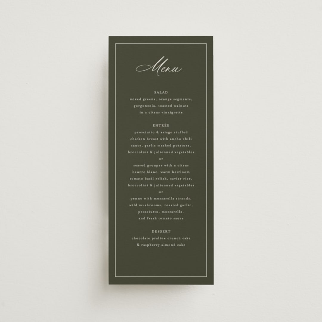 "refined" - Menus in Deep Olive by Nicole Walsh - Front