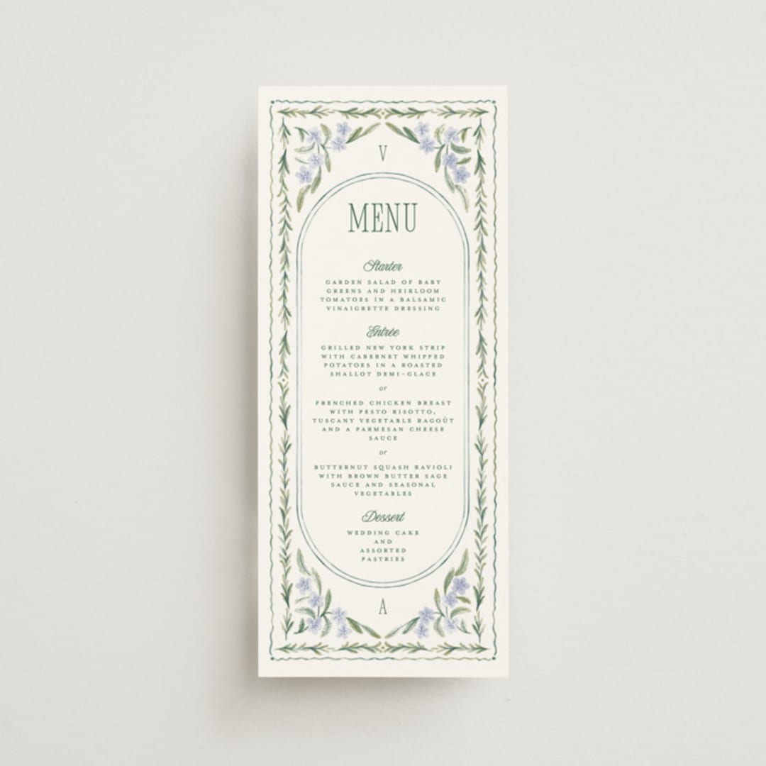 "Vintage Sketched" - Menus in Wisteria by Jenna Holcomb - Front