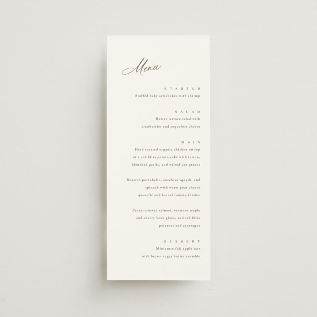 "Whimsy" - Menus in Latte by Cara Scott - Front