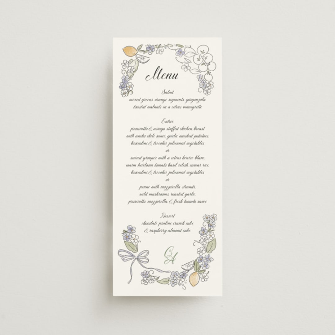 "Forget Me Nots" - Menus in Violet by Jenna Holcomb - Front