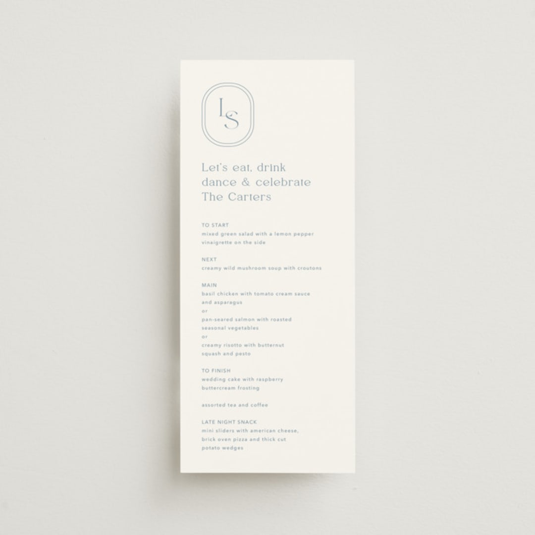 "Leighton" - Menus in Lakeshore Blue by Jennifer Postorino - Front