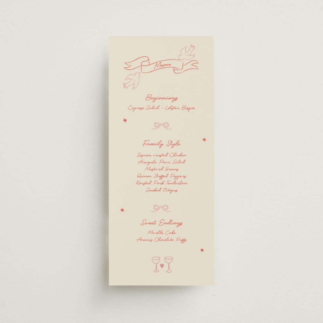 "The Bird Song" - Menus in Peach by Helena Vitto - Front
