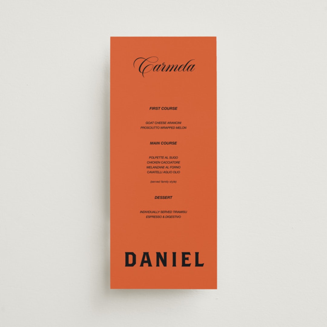 "Bold and Demure" - Menus in Amaro by Claire - Front