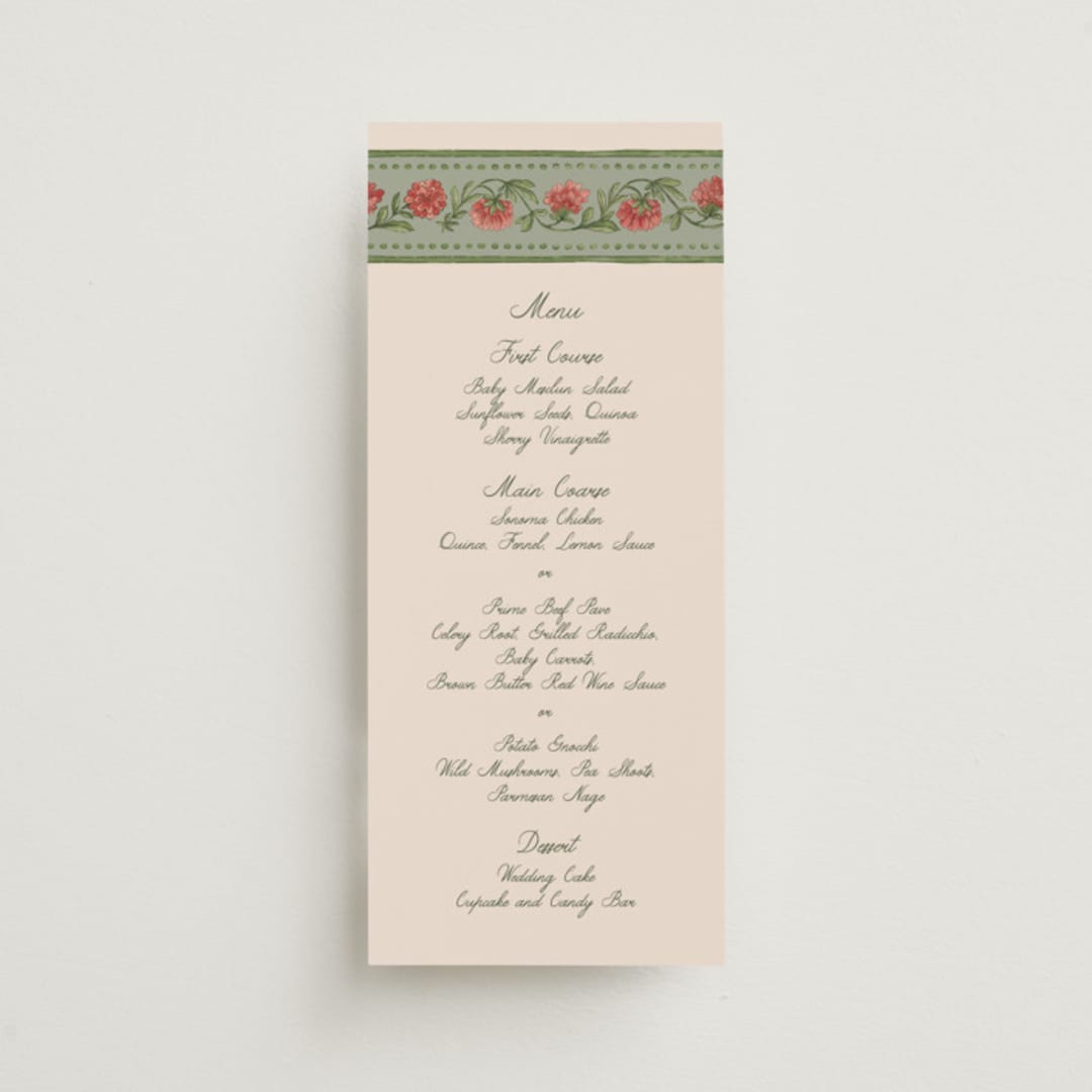 "Wedding Tapestry" - Menus in Coral Fern by Chris Griffith - Front