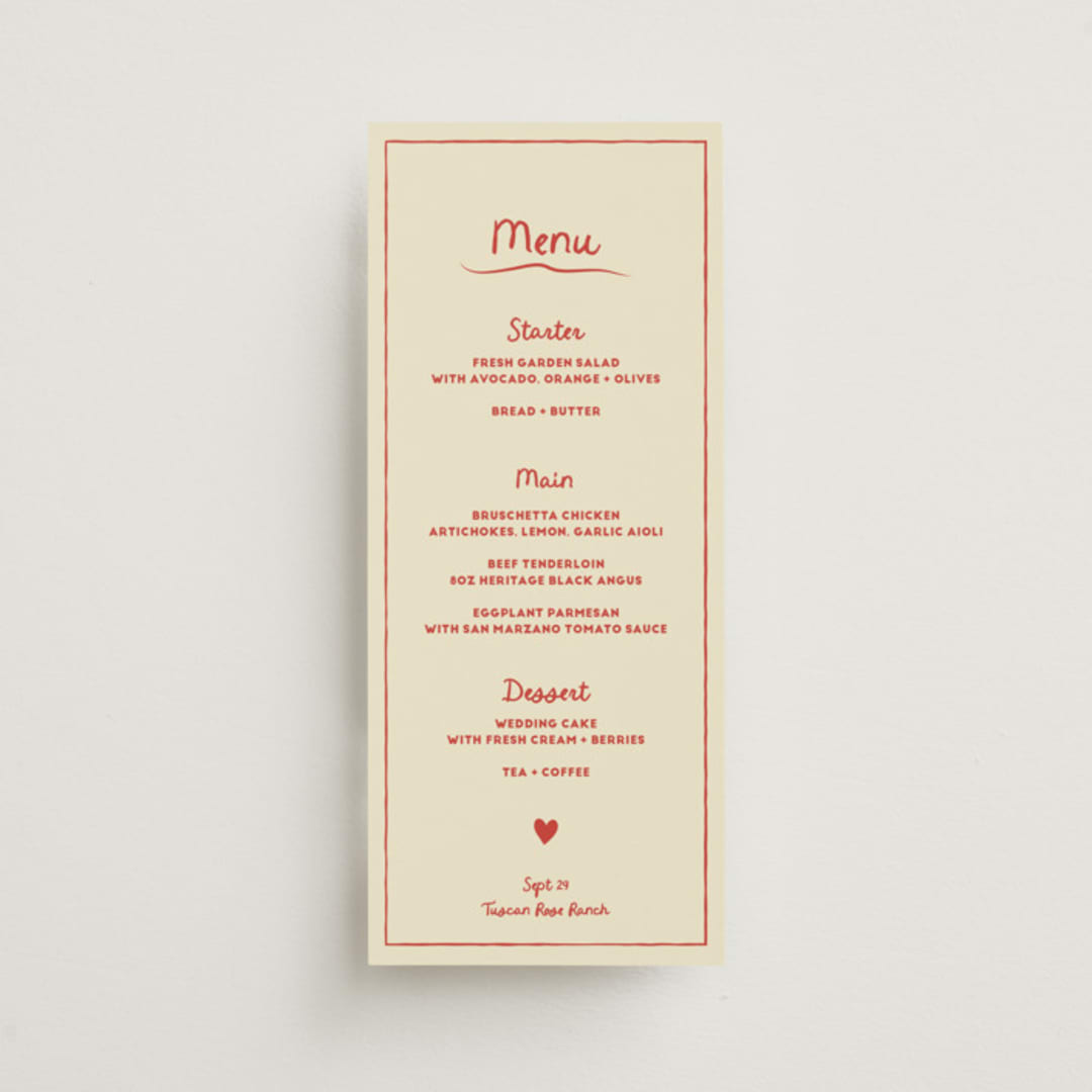 "Big Heart Wedding" - Menus in Cherry by Ani Somi - Front