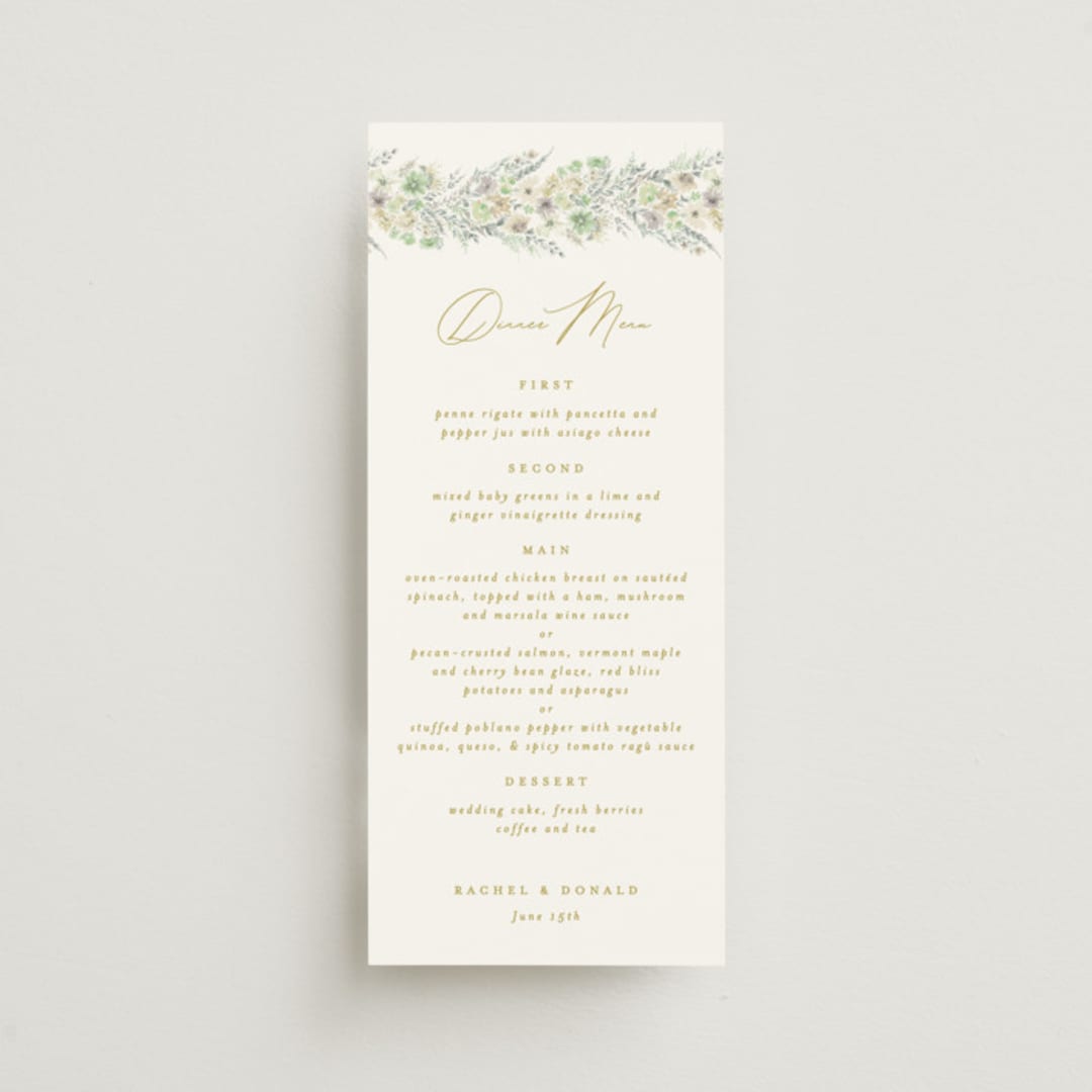 "Floral Arch" - Menus in Greenery by Phrosné Barwood - Front