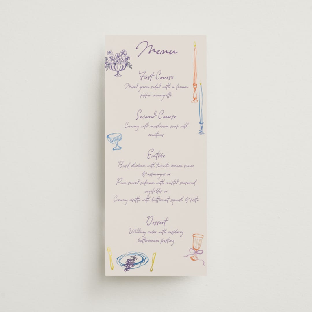 "tablescape drawing" - Menus in Hydrangea by Cass Loh - Front