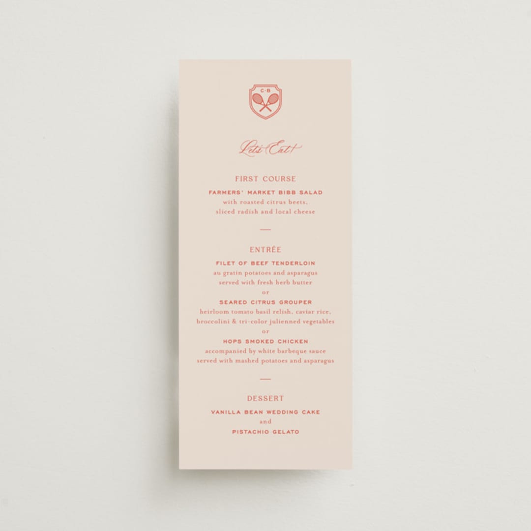 "Racquet" - Menus in Verona Sunset by Megan Davis - Front