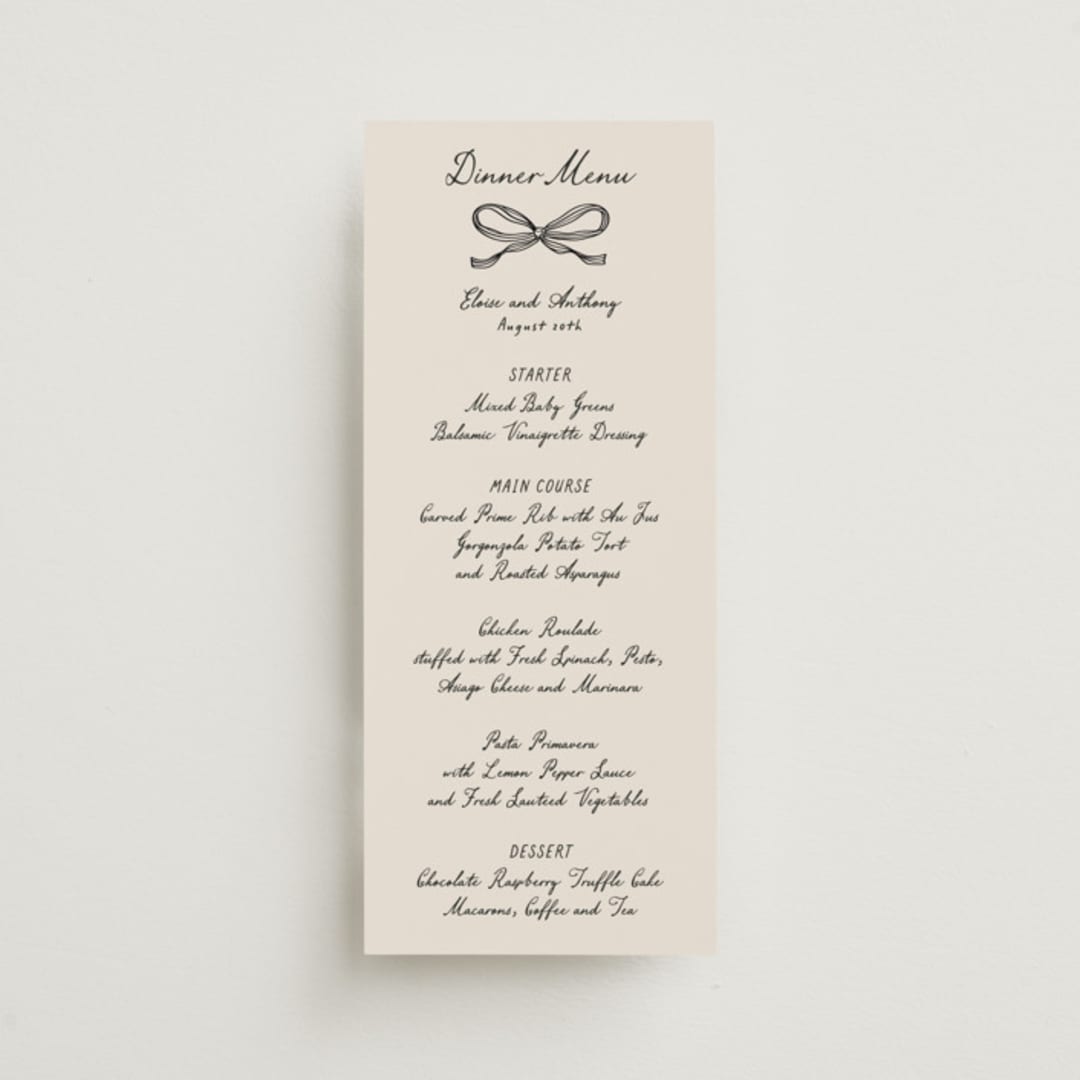 "Black Bow" - Menus in Onyx by Hooray Creative - Front