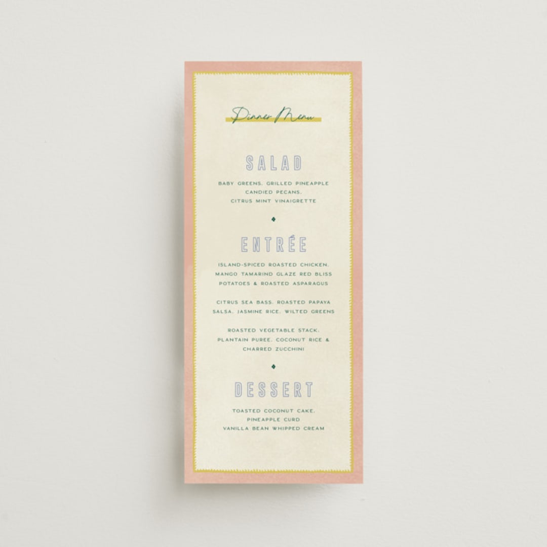 "Coastal Drift" - Menus in Caribbean Citrus by Pixel and Hank - Front