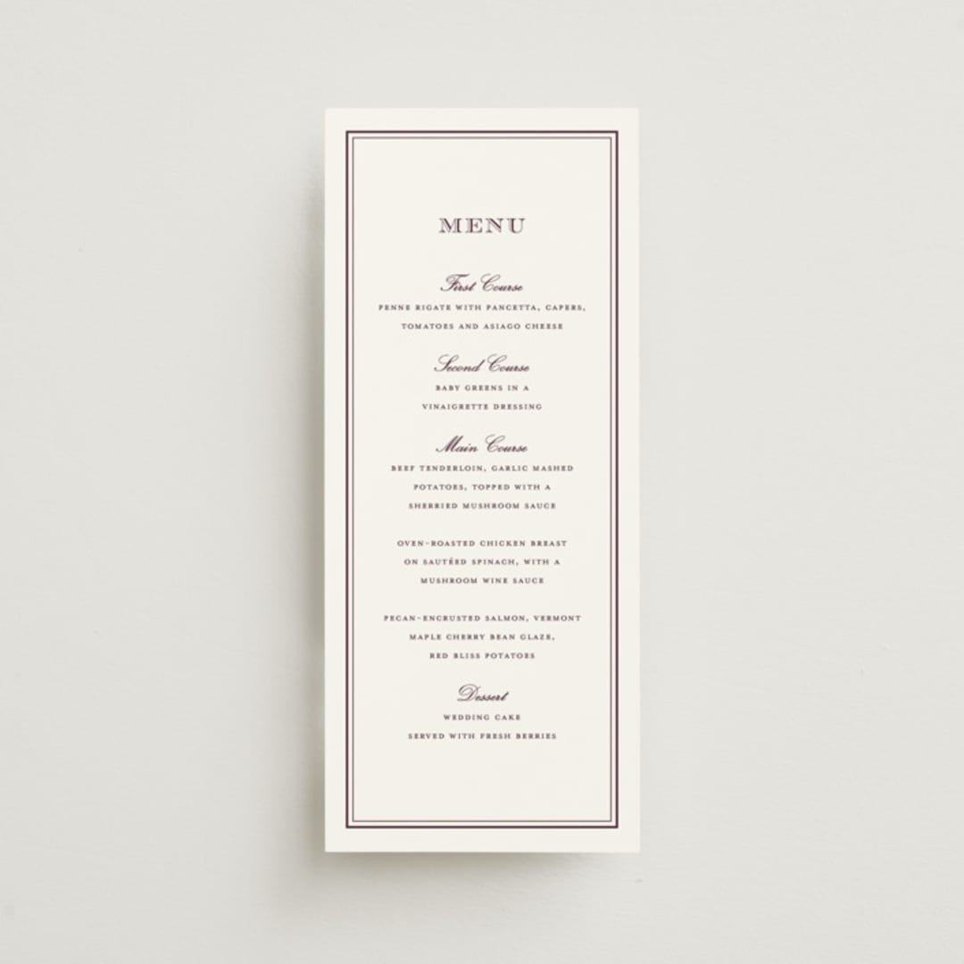 "Engraved names" - Menus in Burgundy by Stacey Meacham - Front