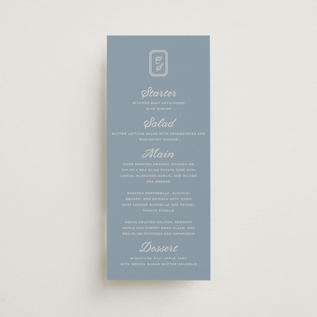 "Bevel Monogram" - Menus in French Blue by Carolyn MacLaren - Front