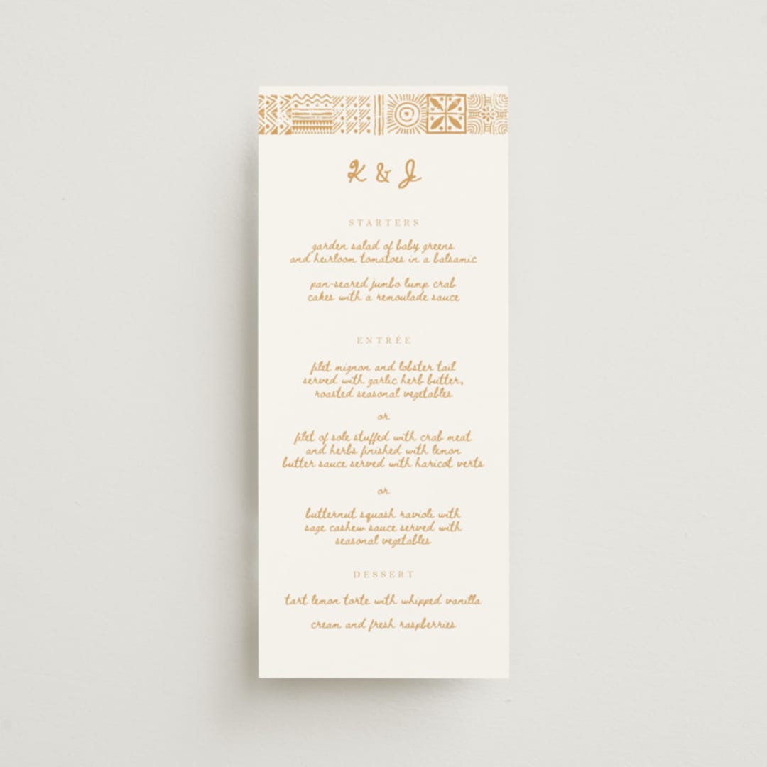 "Tribal Rythm" - Menus in Amber by Selima Akhter - Front