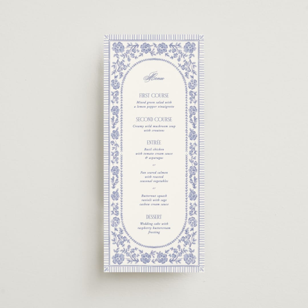 "Embroidered" - Menus in Cerulean by Jenna Holcomb - Front