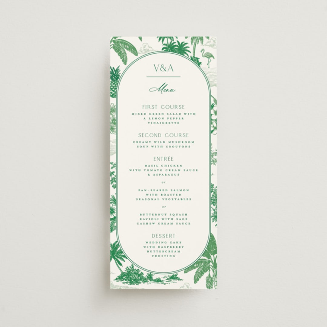 "Tropical Toile" - Menus in Jade by Jenna Holcomb - Front
