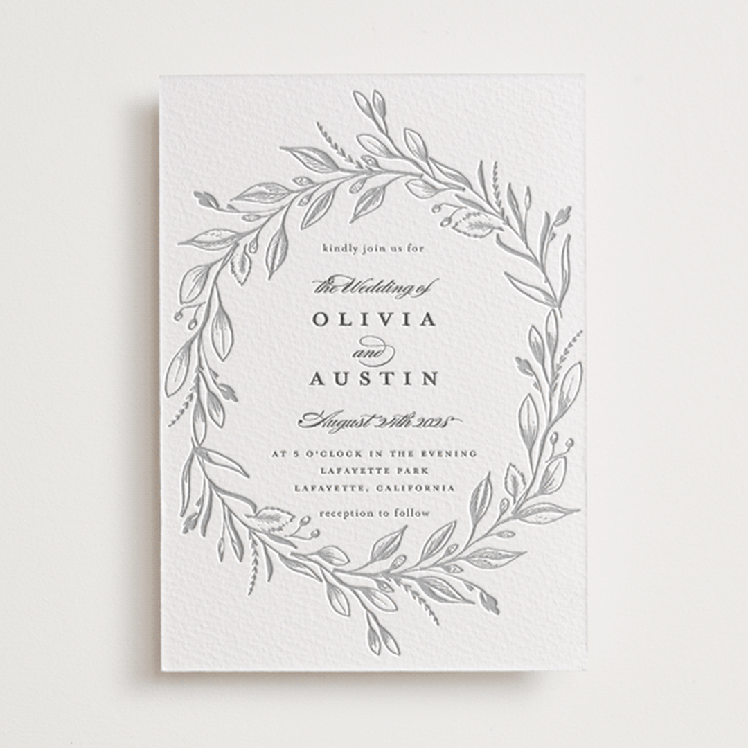 "Verdure Couronne" - Letterpress Wedding Invitations in Matte Silver | Pewter by Susan Moyal - Front