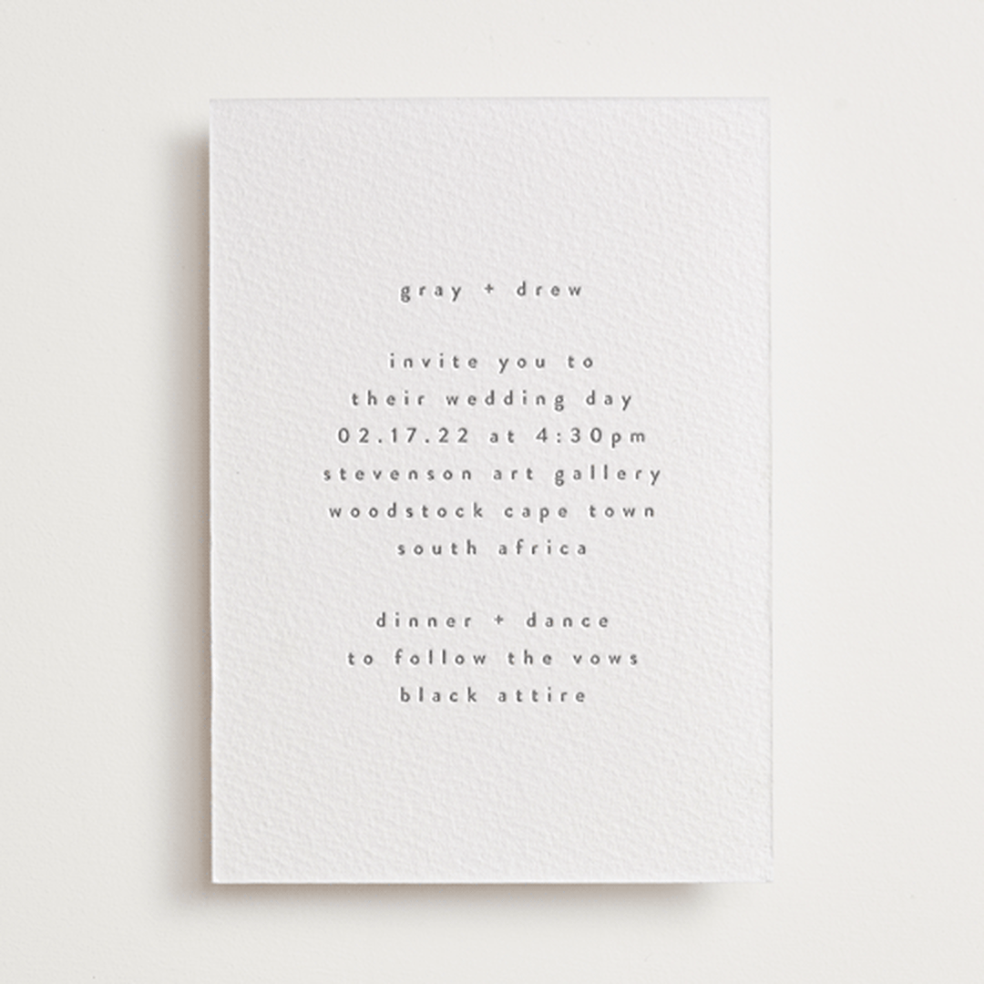 "Very Plain" - Letterpress Wedding Invitations in Gravel by Phrosné Barwood - Front