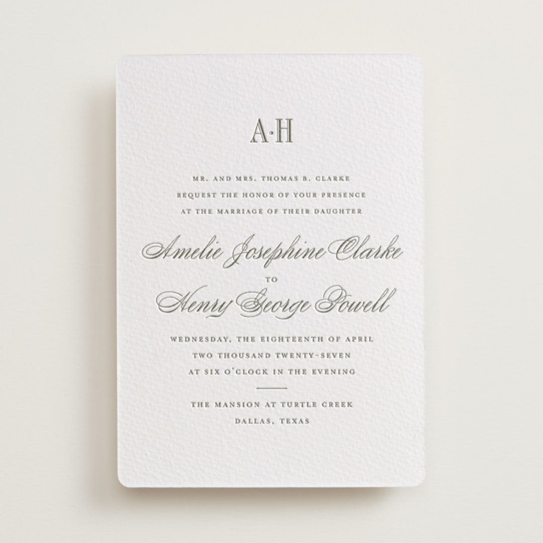 "Hepburn" - Letterpress Wedding Invitations in Moss by Megan Davis - Front