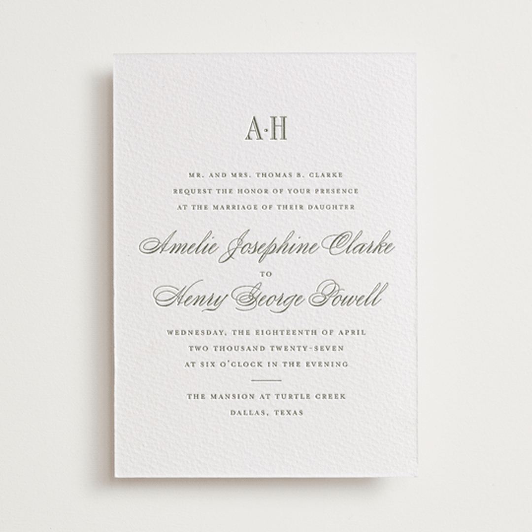 "Hepburn" - Letterpress Wedding Invitations in Moss by Megan Davis - Front