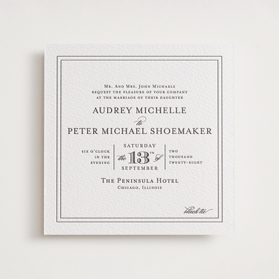 "First impression" - Letterpress Wedding Invitations in Soft Black by Kimberly FitzSimons - Front