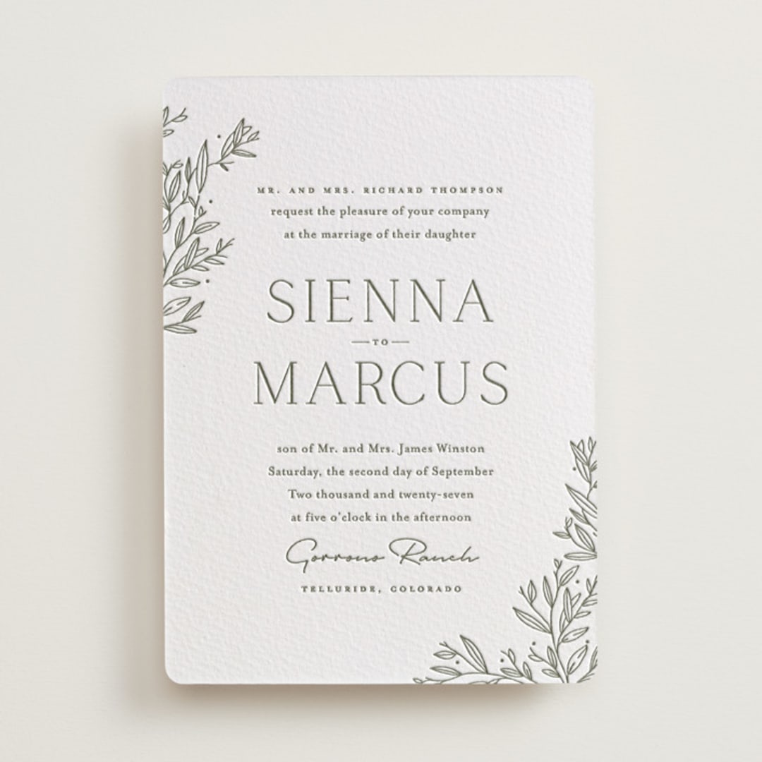 "Beauty of Nature" - Letterpress Wedding Invitations in Moss by Oscar and Emma - Karly Depew - Front