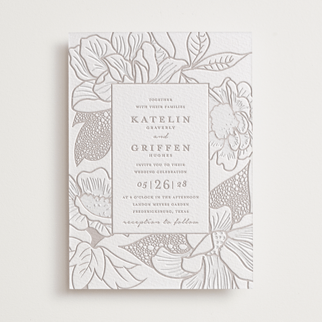 "Botanical Garden" - Letterpress Wedding Invitations in Dove Grey | Blind Deboss by Kaydi Bishop - Front