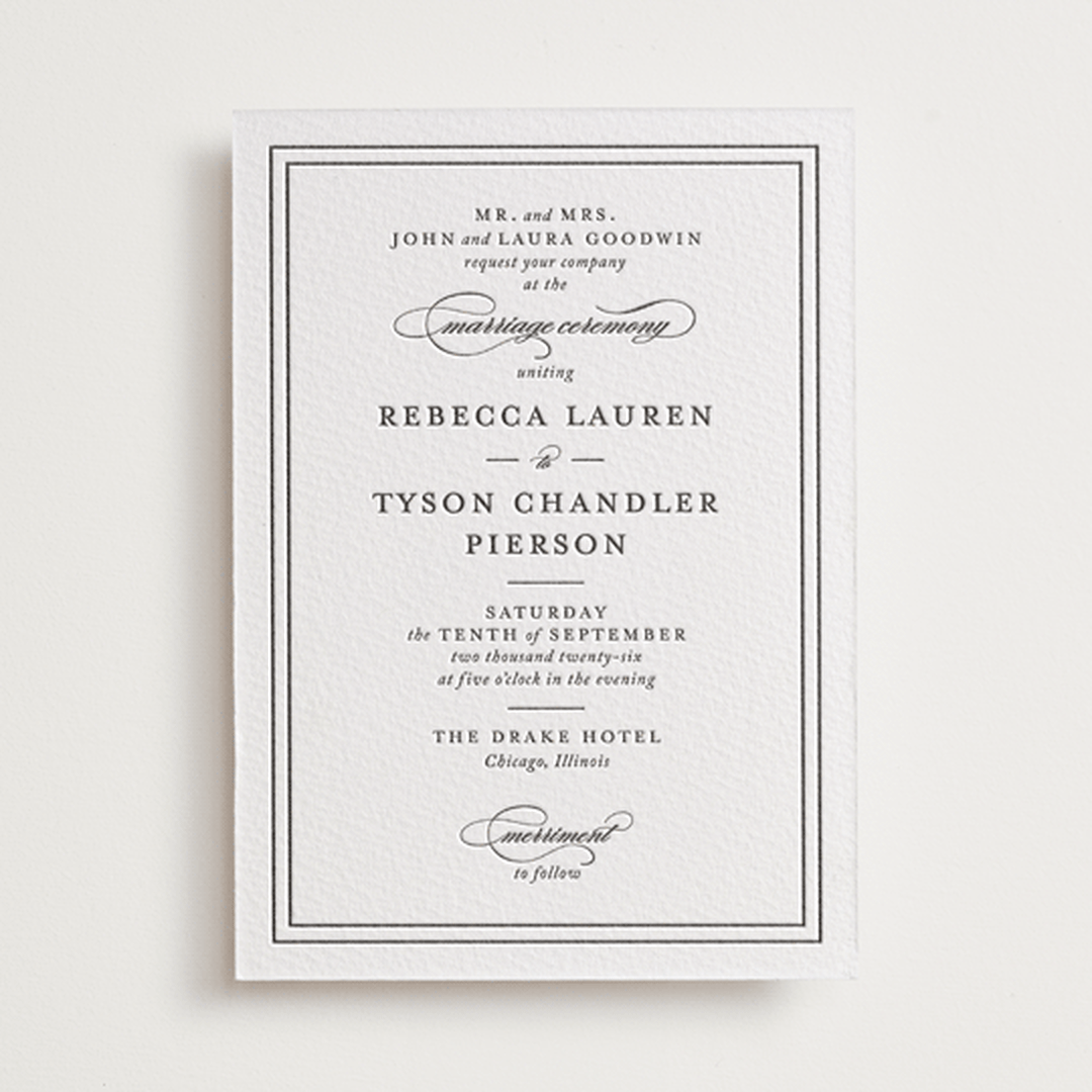 "Eloquence" - Letterpress Wedding Invitations in Soft Black by Kimberly FitzSimons - Front