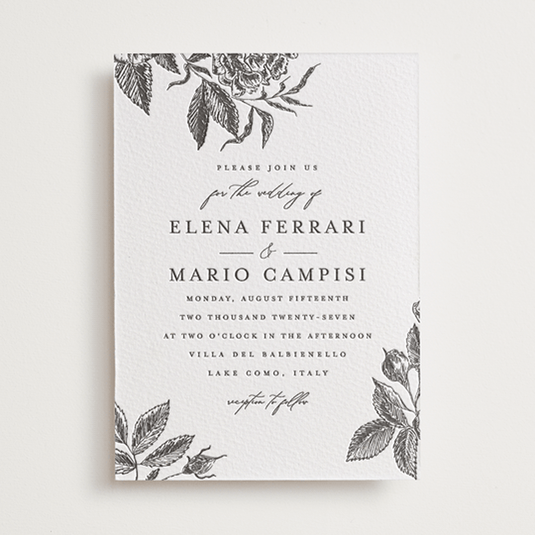 "Etchings of Roses" - Letterpress Wedding Invitations in Soft Black by Chris Griffith - Front