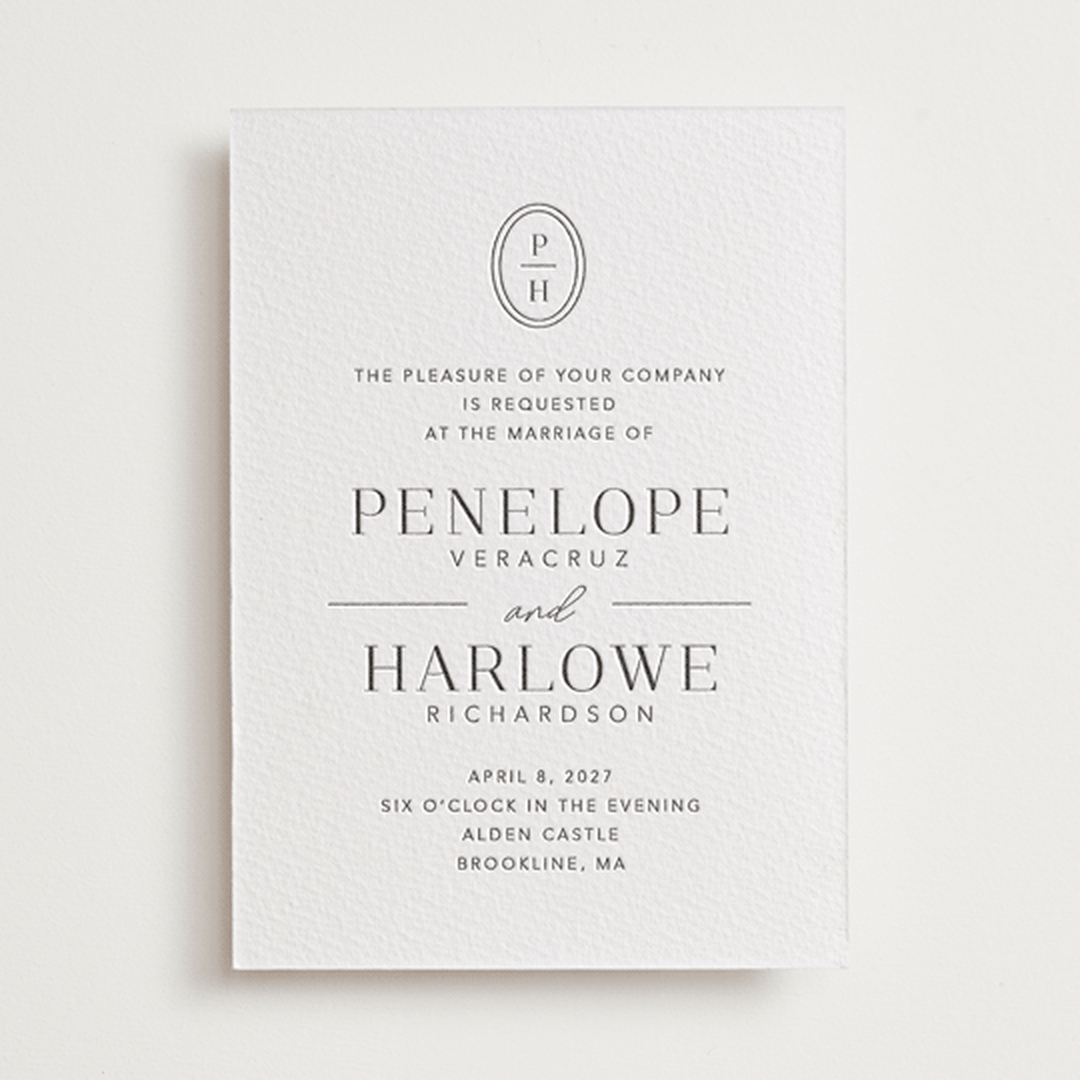 "Cosmopolitan" - Letterpress Wedding Invitations in Soft Black by Meagan Christensen - Front