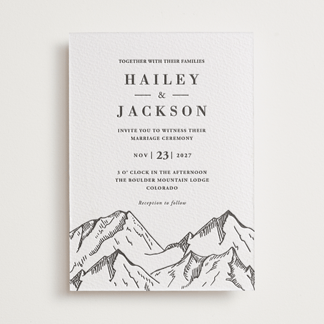 "Etched Mountain" - Letterpress Wedding Invitations in Soft Black by Winston Latchman - Front