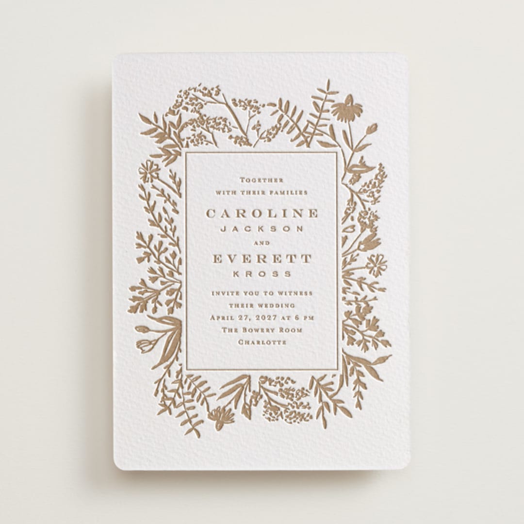 "Morning Fields" - Letterpress Wedding Invitations in Matte Gold by Amy Kross - Front
