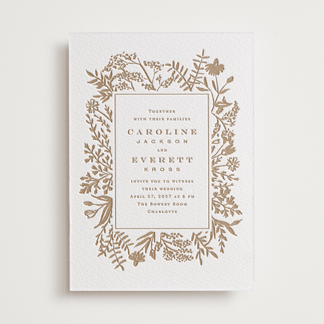 "Morning Fields" - Letterpress Wedding Invitations in Matte Gold by Amy Kross - Front