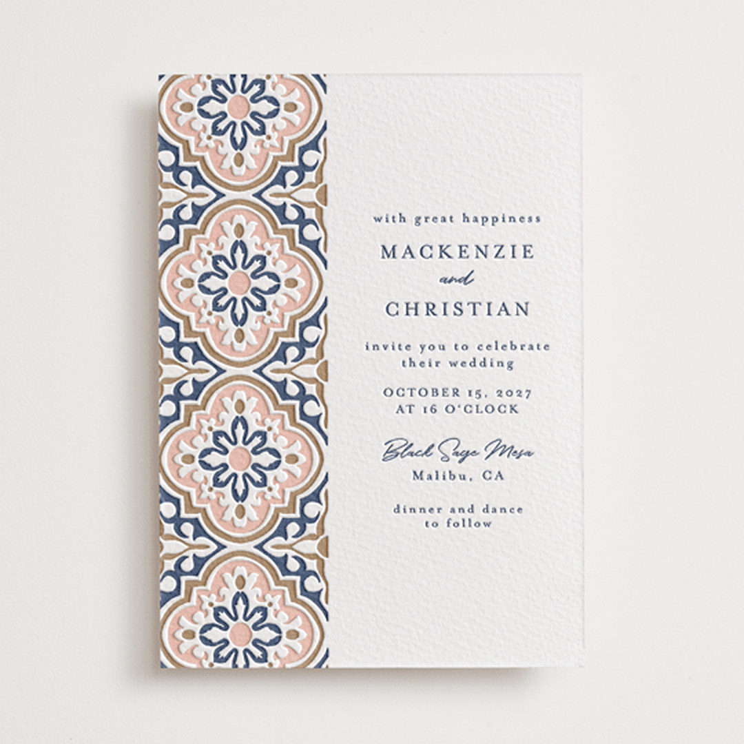 "Tiles" - Letterpress Wedding Invitations in Matte Gold | Aegean | Nude by Juliana Zimmermann - Front