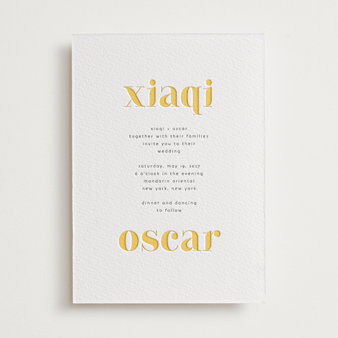 "Us" - Letterpress Wedding Invitations in Lemon | Pewter by fatfatin - Front