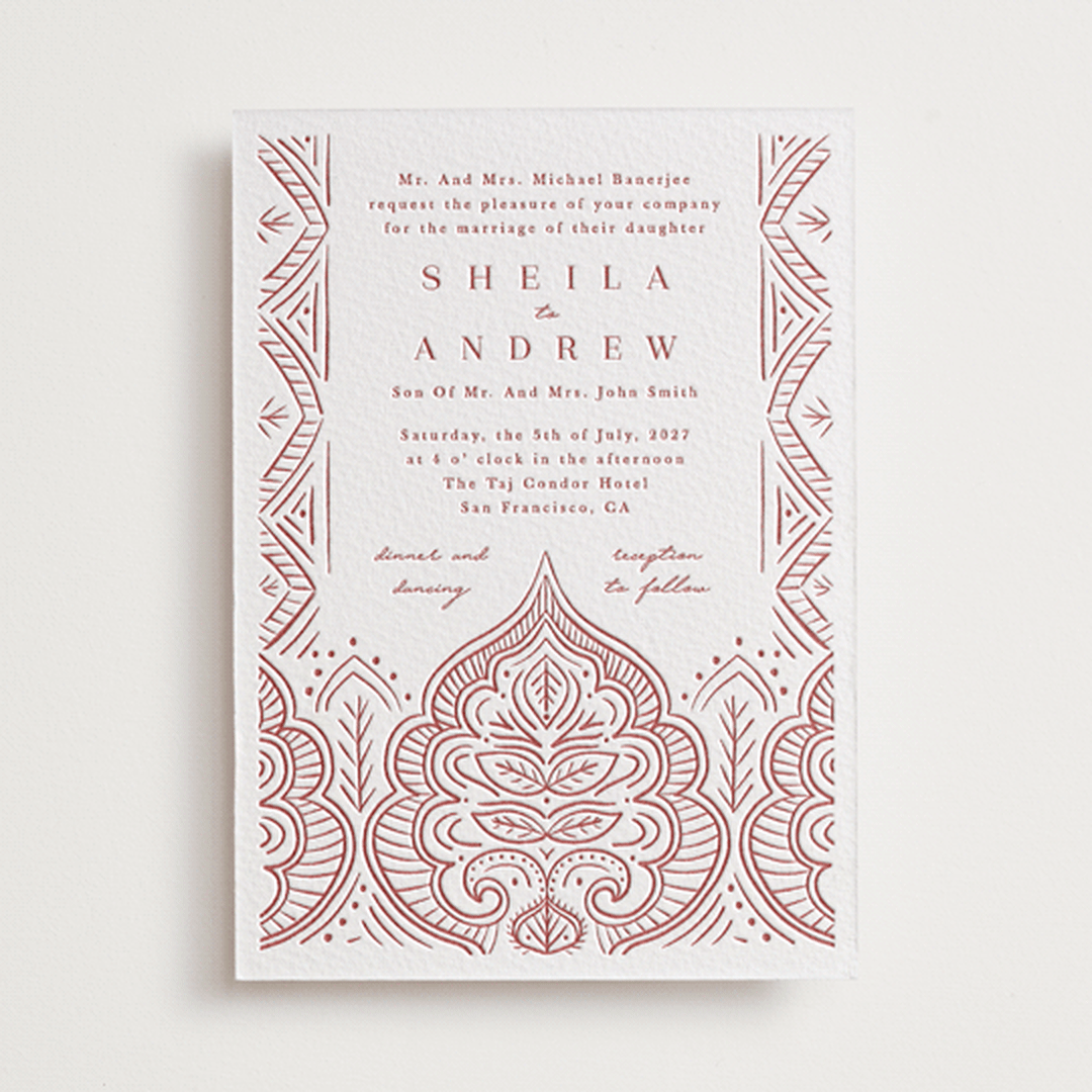 "Taj" - Letterpress Wedding Invitations in Rosewood by Kanika Mathur - Front