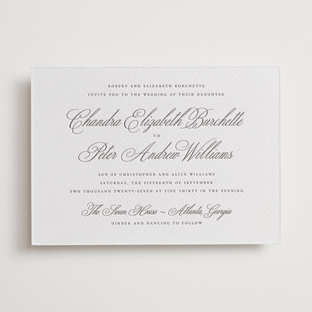 "Calligraphie" - Letterpress Wedding Invitations in Graphite by Wildfield Paper Co - Front