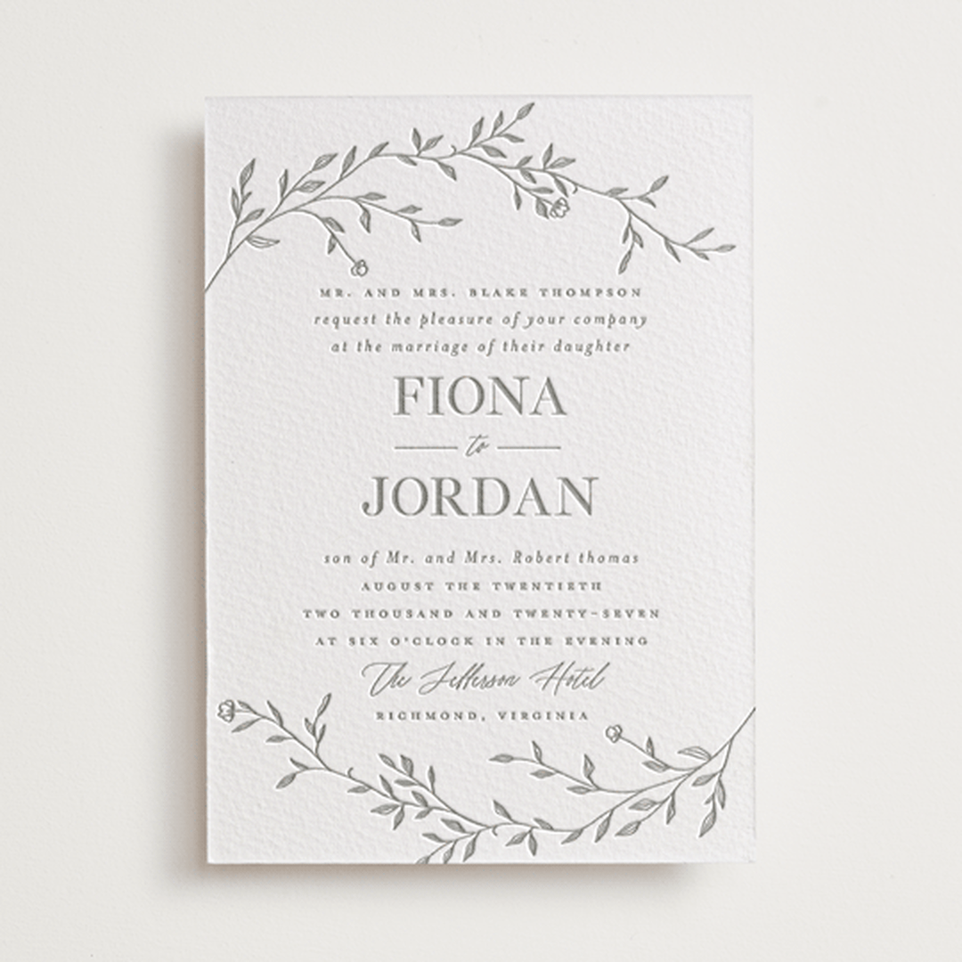 "Jasmine" - Letterpress Wedding Invitations in Ash by Vera Lim - Front