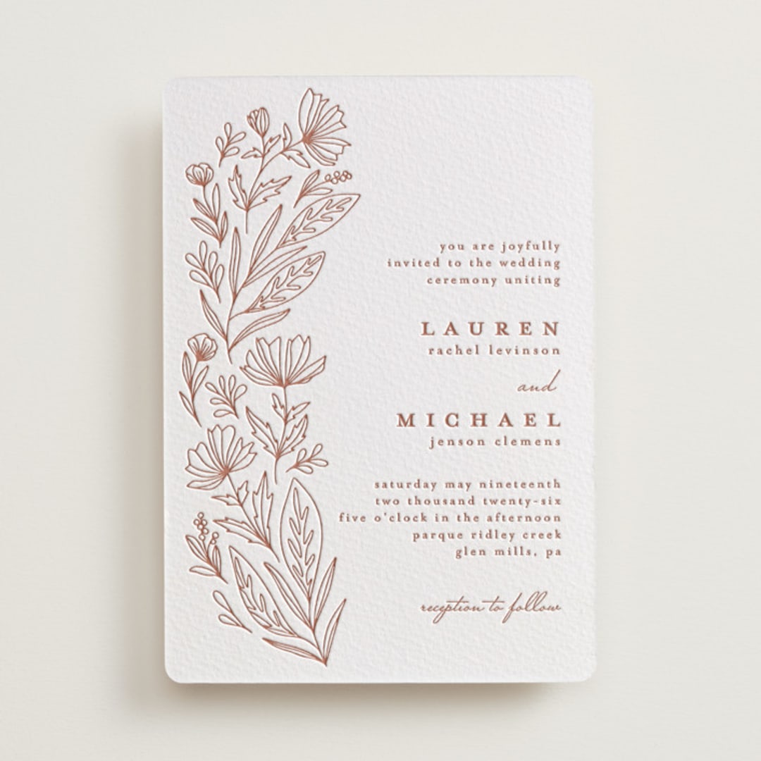 "Pressed Botanicals" - Letterpress Wedding Invitations in Burnt Rose by Heather Cairl - Front