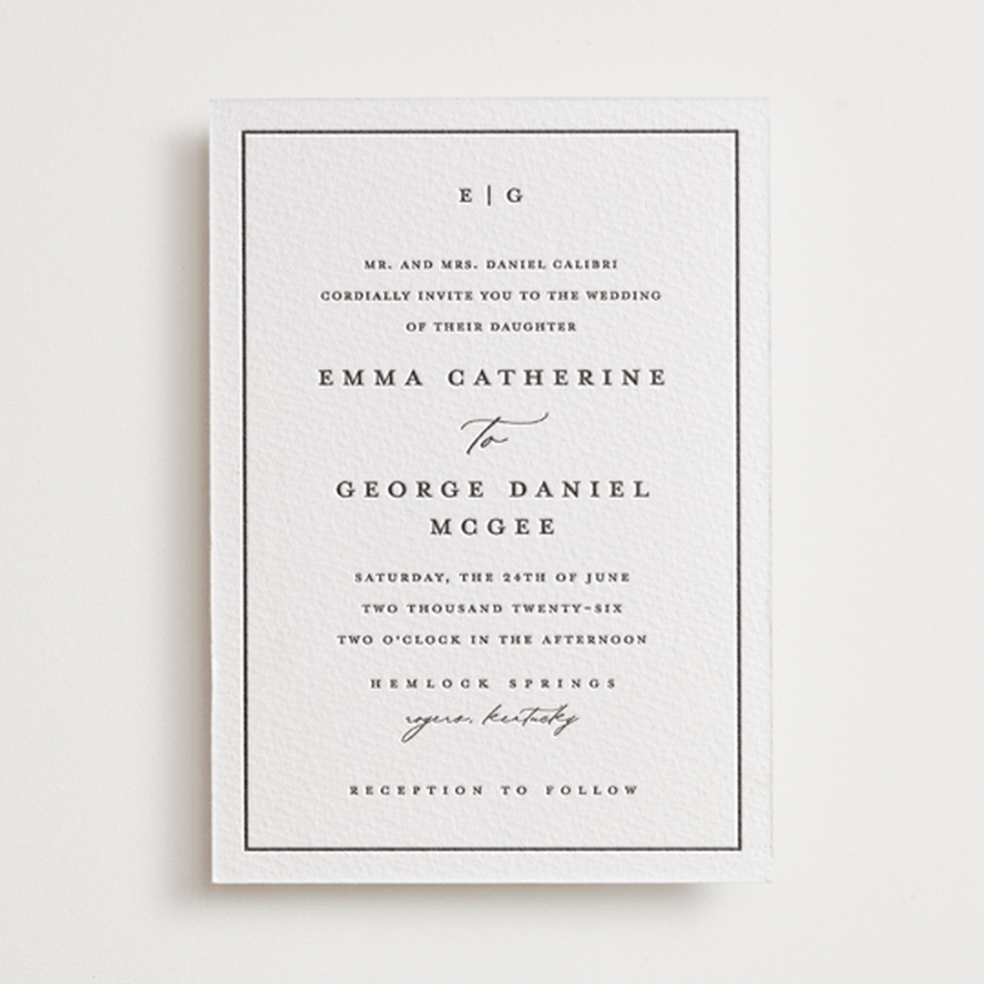 "Heritage" - Letterpress Wedding Invitations in Soft Black by Stacey Meacham - Front