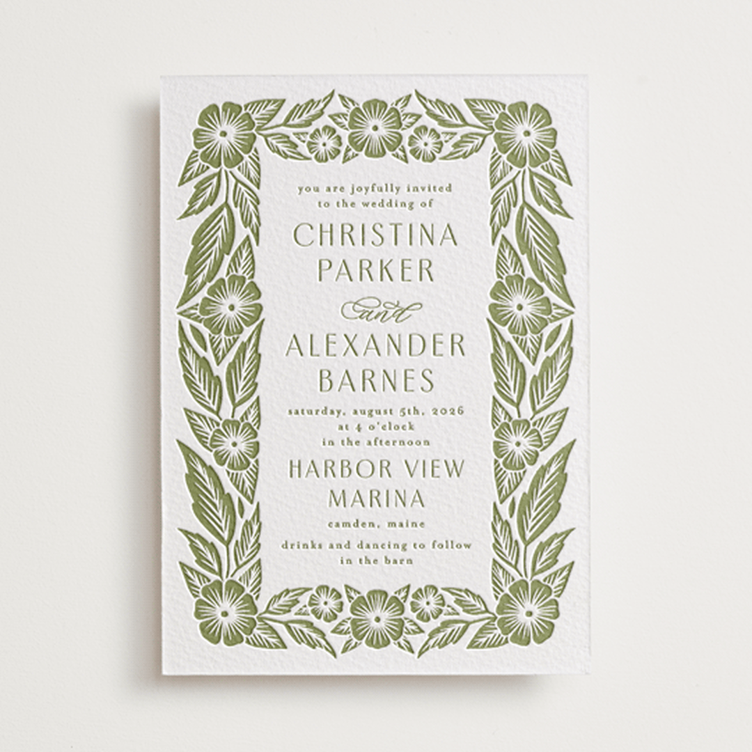 "Printed Floral" - Letterpress Wedding Invitations in Pistachio by Katharine Watson - Front