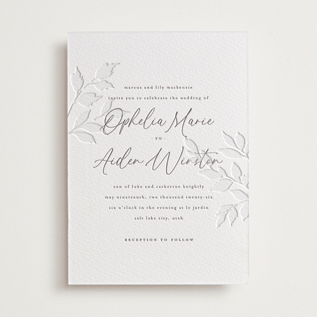 "Vine" - Letterpress Wedding Invitations in Warm Gray by Wildfield Paper Co - Front