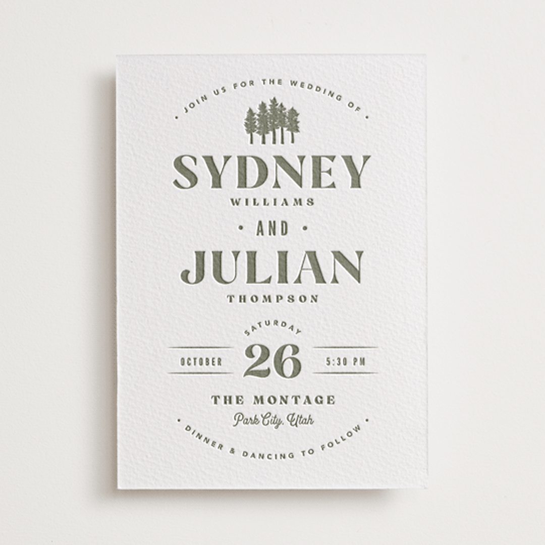 "Sequoia" - Letterpress Wedding Invitations in Moss by Robert and Stella - Front