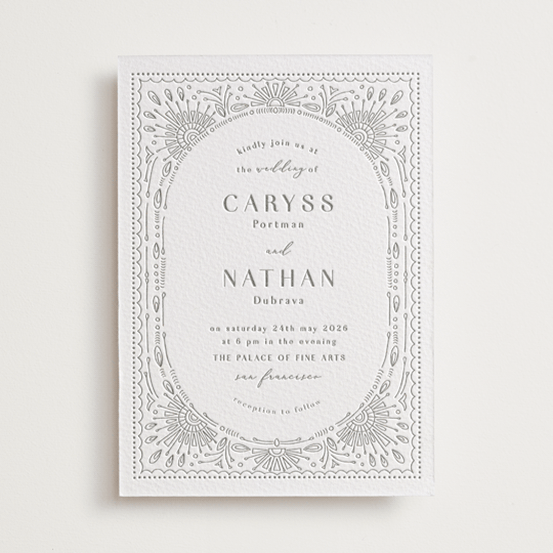 "Splendor" - Letterpress Wedding Invitations in Ash by Devika Keskar - Front