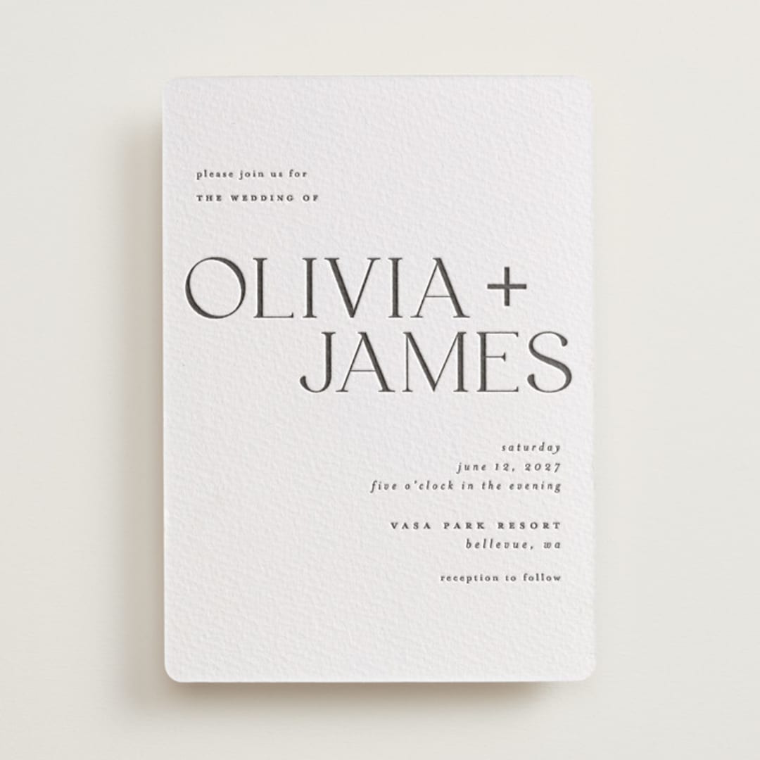 "Bold Names" - Letterpress Wedding Invitations in Soft Black by Vera Lim - Front