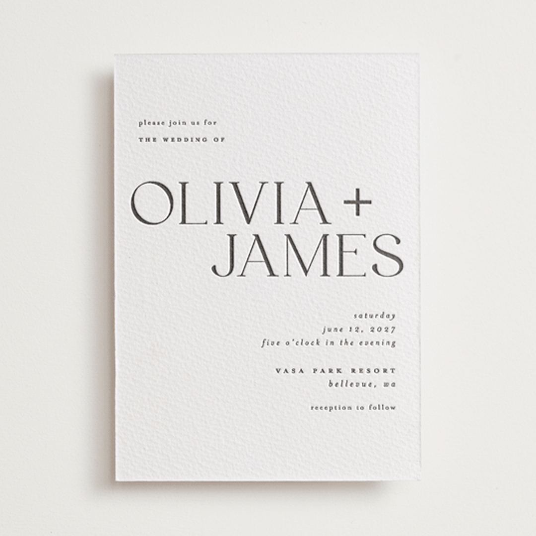 "Bold Names" - Letterpress Wedding Invitations in Soft Black by Vera Lim - Front